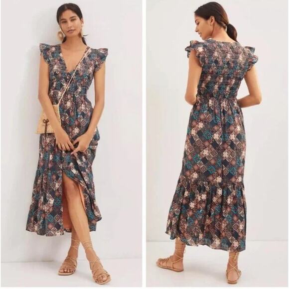 Anthropologie The Peregrine Patchwork Smocked Ruffle Midi Dress Size Large - Picture 1 of 12